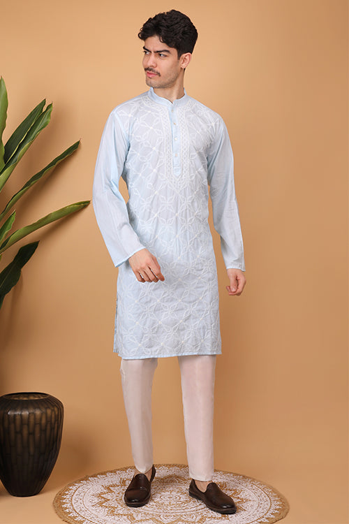 Shwet Men Cotton Sky Blue Chikankari Men Kurta - 300