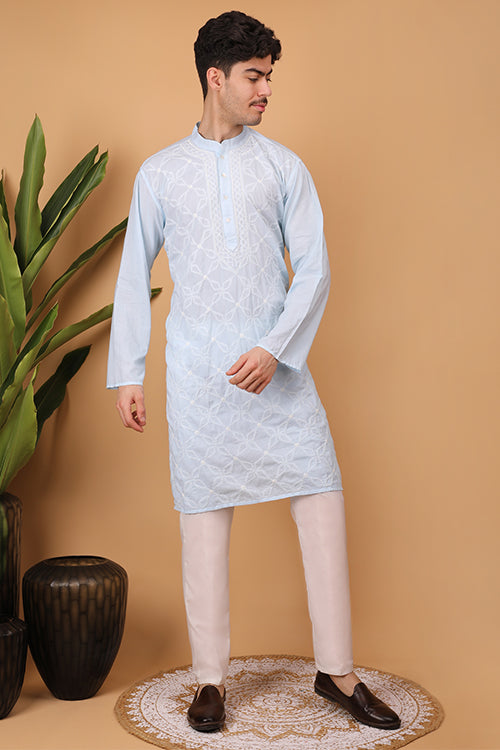 Shwet Men Cotton Sky Blue Chikankari Men Kurta - 300