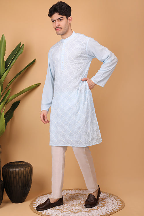 Shwet Men Cotton Sky Blue Chikankari Men Kurta - 300