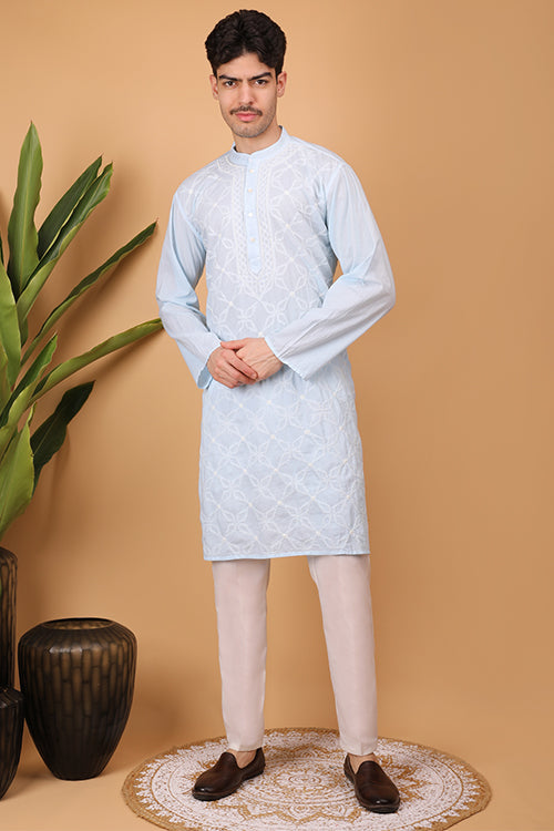 Shwet Men Cotton Sky Blue Chikankari Men Kurta - 300