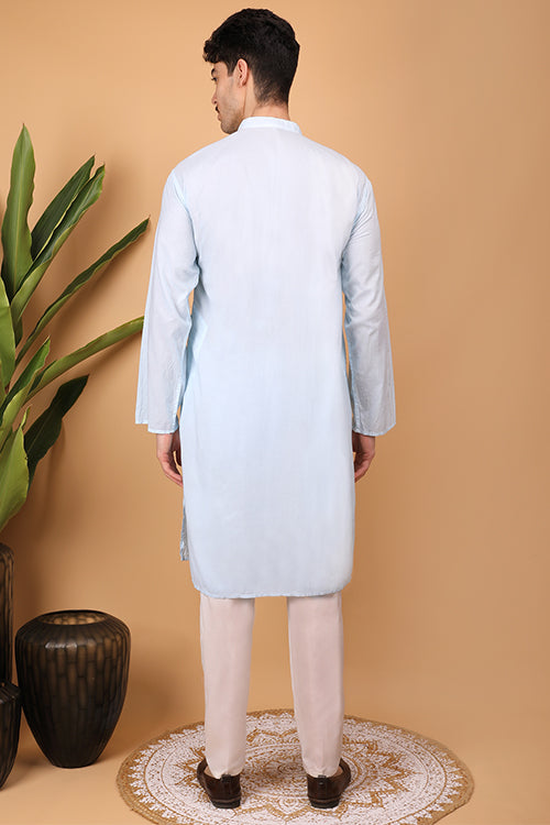 Shwet Men Cotton Sky Blue Chikankari Men Kurta - 300