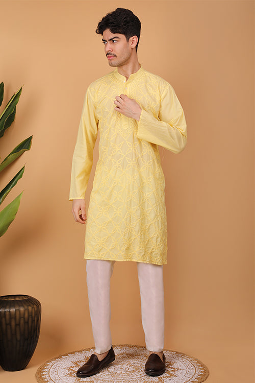 Shwet Men Cotton Yellow Chikankari Men Kurta - 302