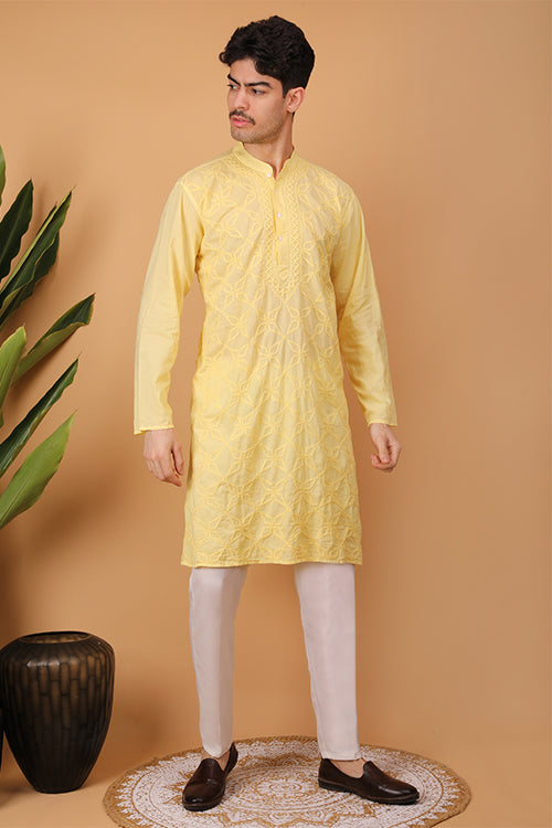 Shwet Men Cotton Yellow Chikankari Men Kurta - 302