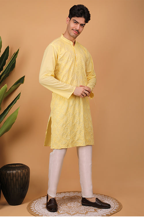 Shwet Men Cotton Yellow Chikankari Men Kurta - 302