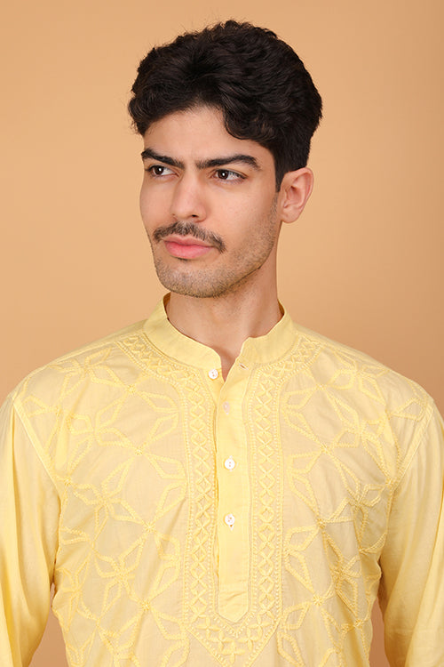Shwet Men Cotton Yellow Chikankari Men Kurta - 302