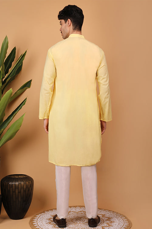 Shwet Men Cotton Yellow Chikankari Men Kurta - 302