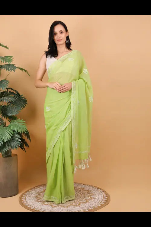 Shwet Women Green Hand Embroidered Chikankari  Mulmul Saree