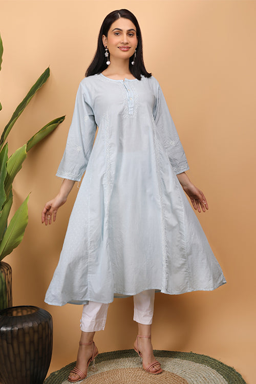 Shwet Women Grey Chikankari Kali Kurti