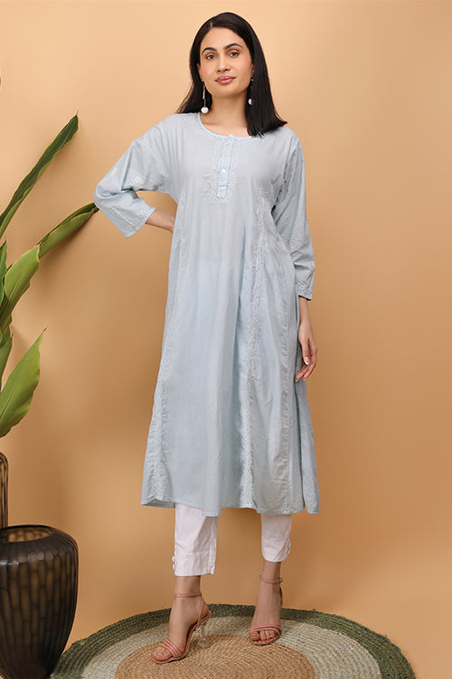 Shwet Women Grey Chikankari Kali Kurti