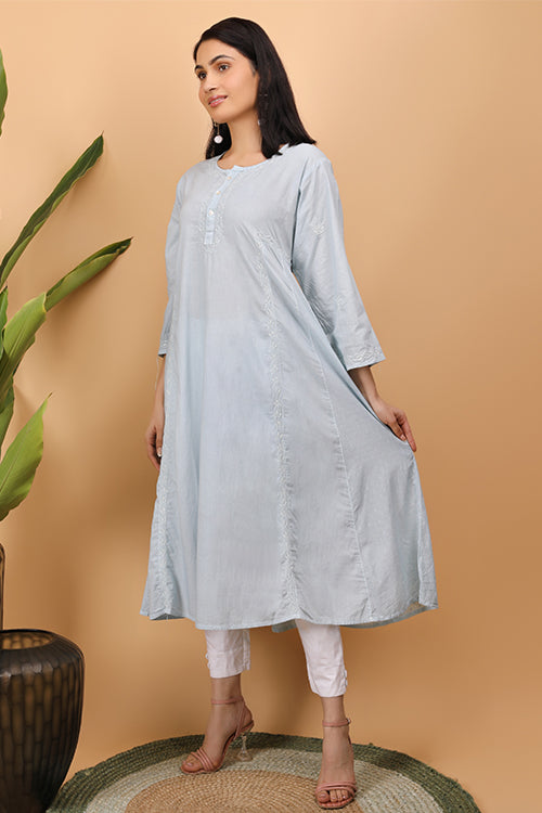 Shwet Women Grey Chikankari Kali Kurti