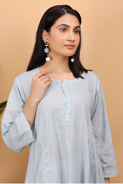 Shwet Women Grey Chikankari Kali Kurti