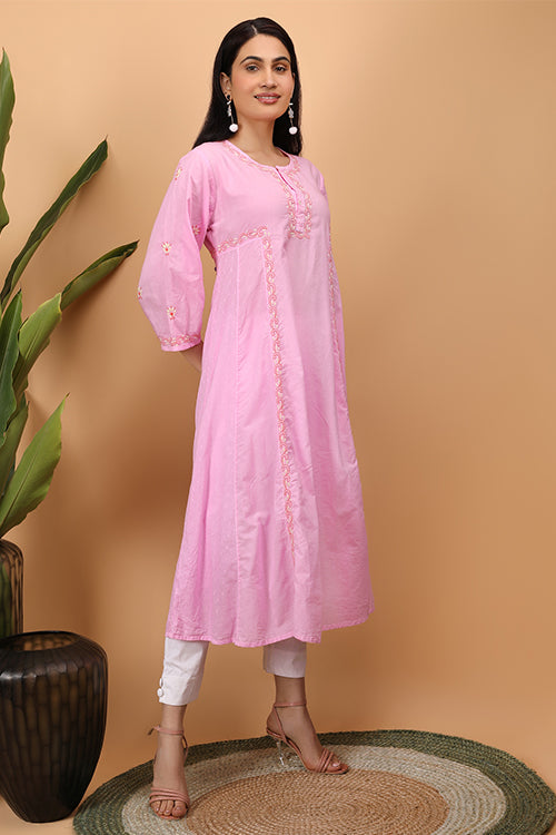 Shwet Women Pink Chikankari Kali Kurti - 269