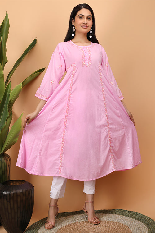 Shwet Women Pink Chikankari Kali Kurti - 269