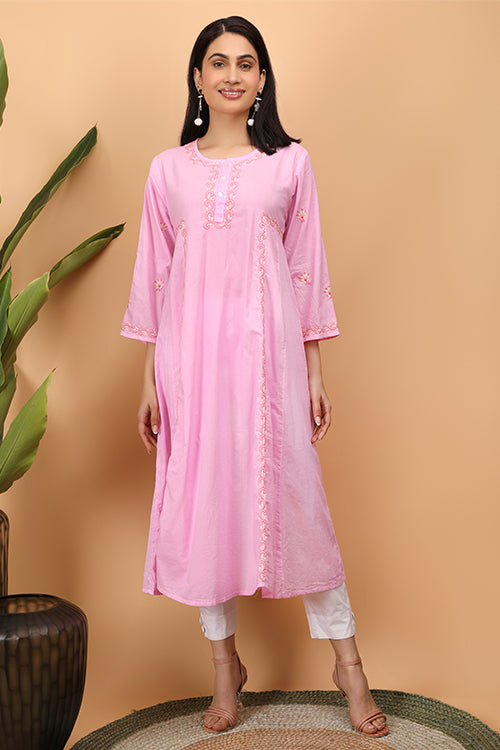 Shwet Women Pink Chikankari Kali Kurti - 269