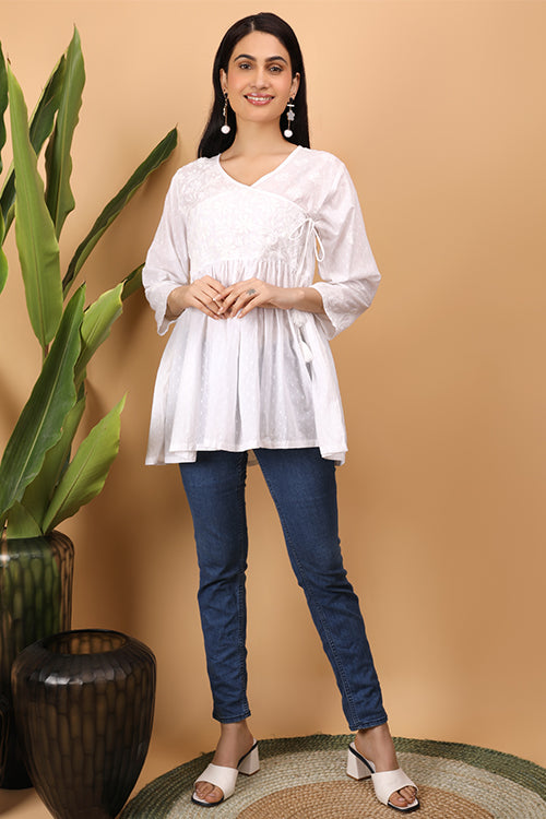 Shwet Women  White Chikankari Angarkha Top - 272