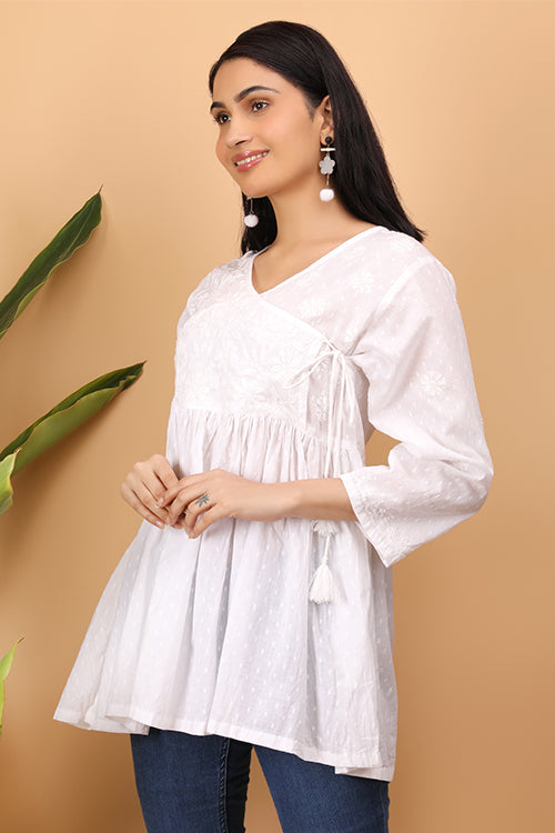 Shwet Women  White Chikankari Angarkha Top - 272