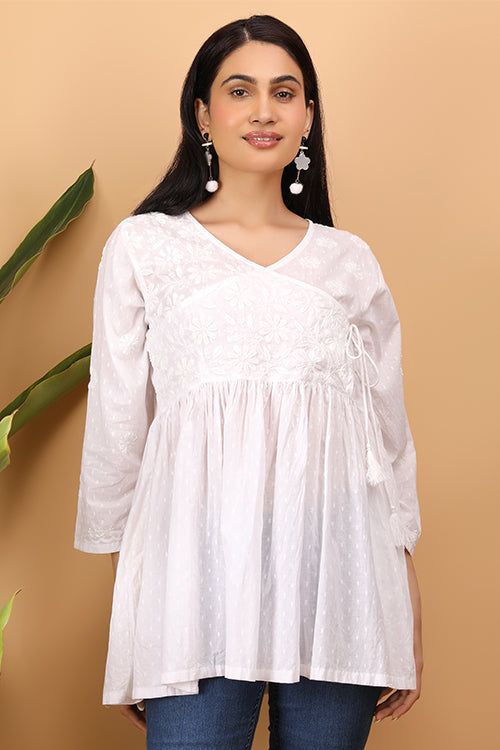 Shwet Women  White Chikankari Angarkha Top - 272