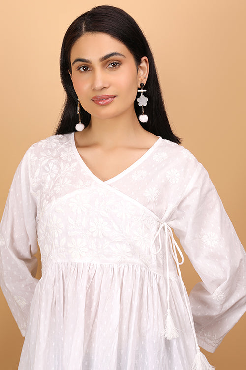 Shwet Women  White Chikankari Angarkha Top - 272