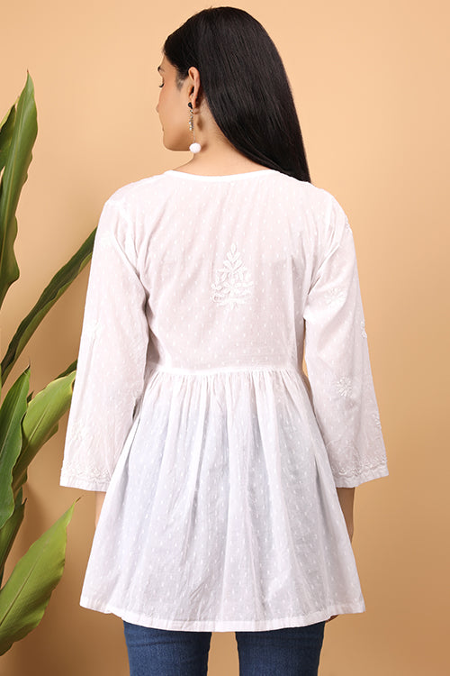 Shwet Women  White Chikankari Angarkha Top - 272