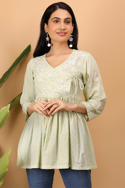 Shwet Women  Cyan Green Chikankari Angarkha Top