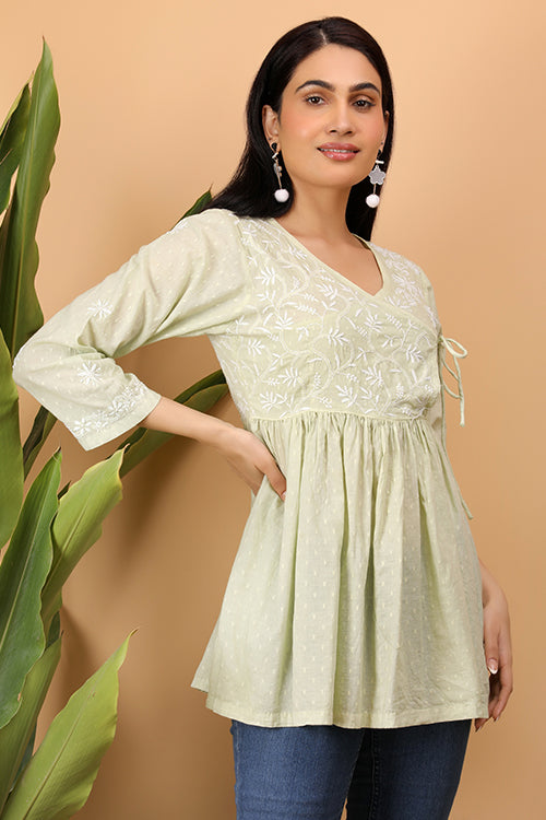 Shwet Women  Cyan Green Chikankari Angarkha Top