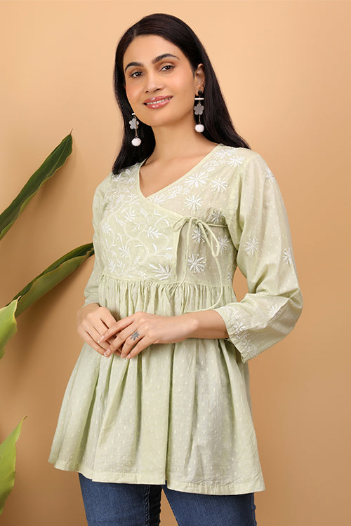 Shwet Women  Cyan Green Chikankari Angarkha Top