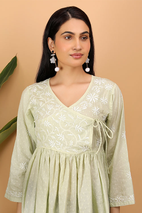 Shwet Women  Cyan Green Chikankari Angarkha Top