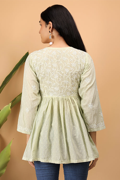 Shwet Women  Cyan Green Chikankari Angarkha Top