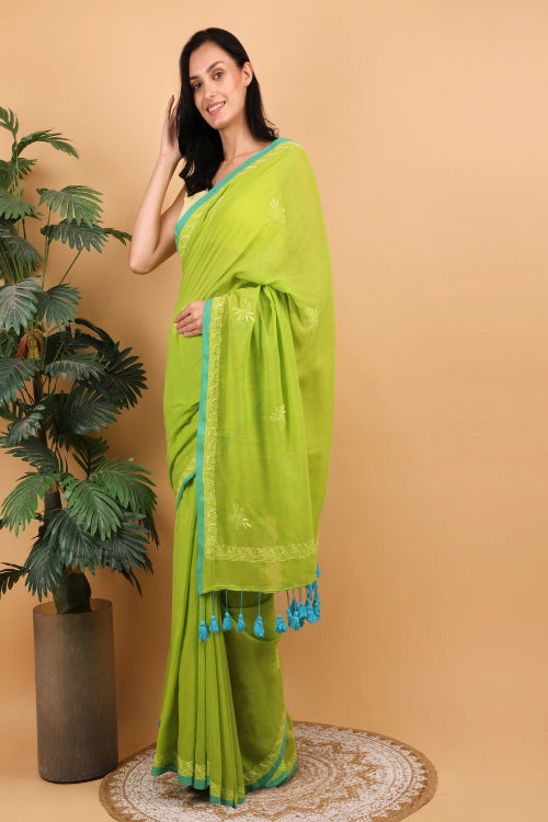 Shwet Women Parrot Green Hand Embroidered Chikankari Mulmul Saree