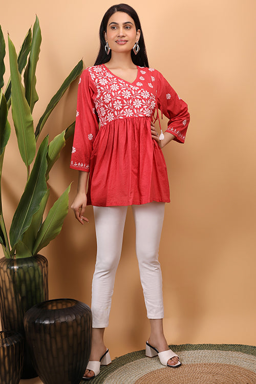 Shwet Women Red Chikankari Angarkha Top