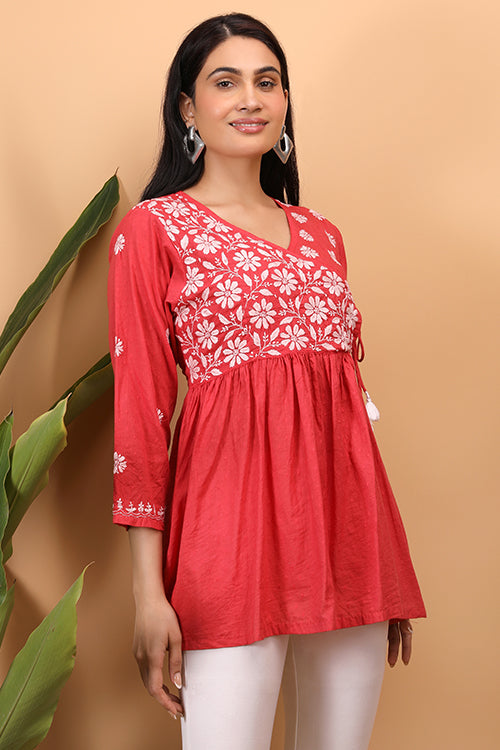 Shwet Women Red Chikankari Angarkha Top