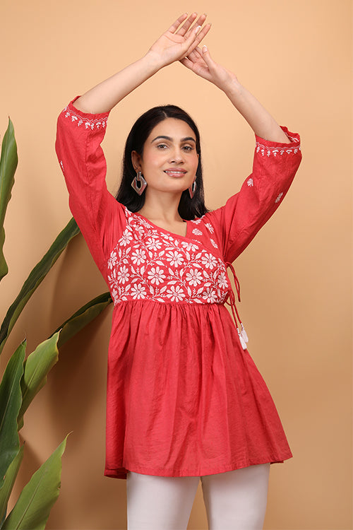 Shwet Women Red Chikankari Angarkha Top