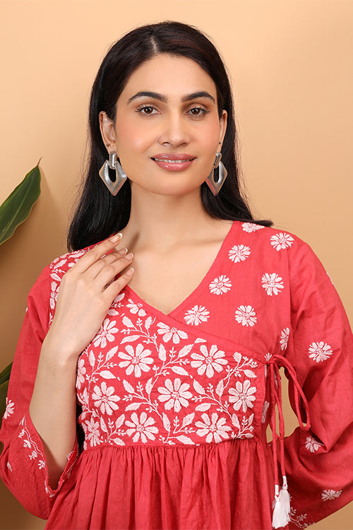 Shwet Women Red Chikankari Angarkha Top