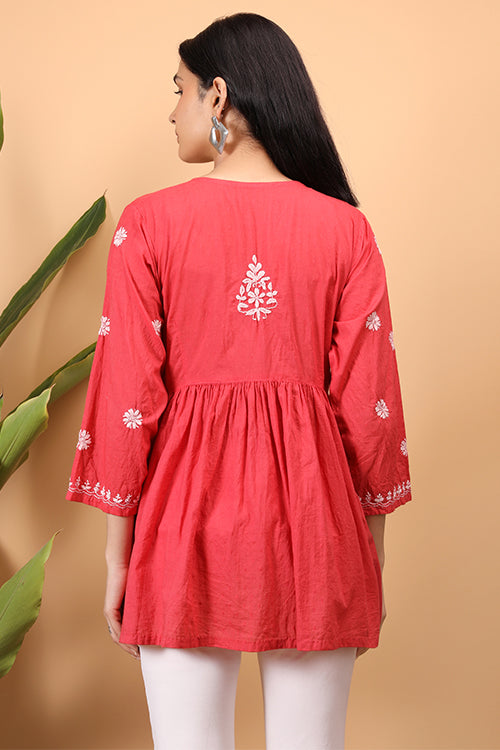 Shwet Women Red Chikankari Angarkha Top