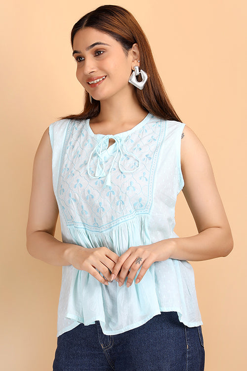 Shwet Women  Sky Blue   Chikankari Sleevless  Yoke Top