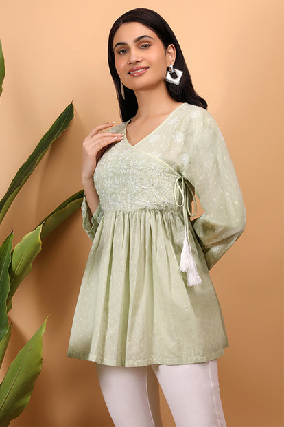 Shwet Women Cyan Green Chikankari Angarkha Top - 279