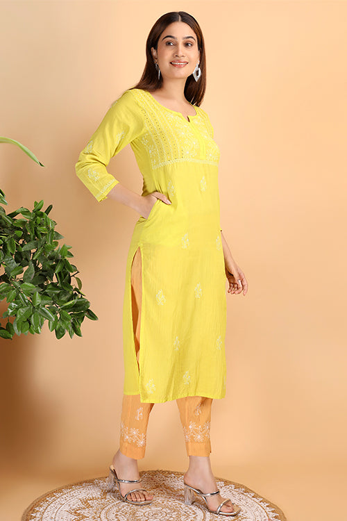 Shwet Women Parrot Green Chikankari Kurta Pants