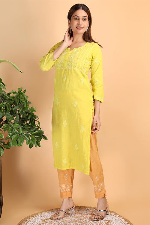 Shwet Women Parrot Green Chikankari Kurta Pants