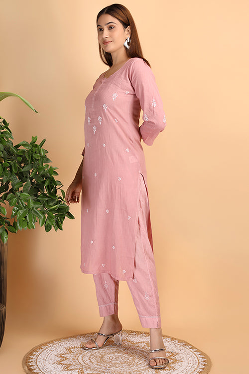 Shwet Women Peach Chikankari Kurta Pants