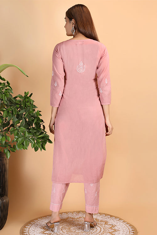 Shwet Women Peach Chikankari Kurta Pants