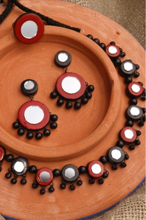 Mridah 'Taara' Handmade Mirror Work Terracotta Necklace Set
