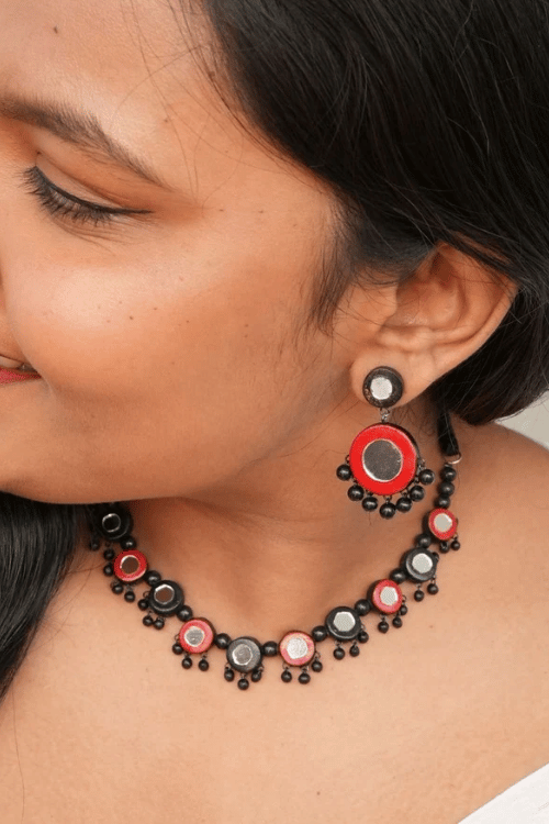 Mridah 'Taara' Handmade Mirror Work Terracotta Necklace Set