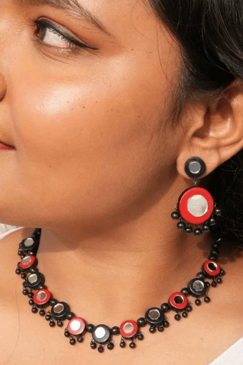 Mridah 'Taara' Handmade Mirror Work Terracotta Necklace Set
