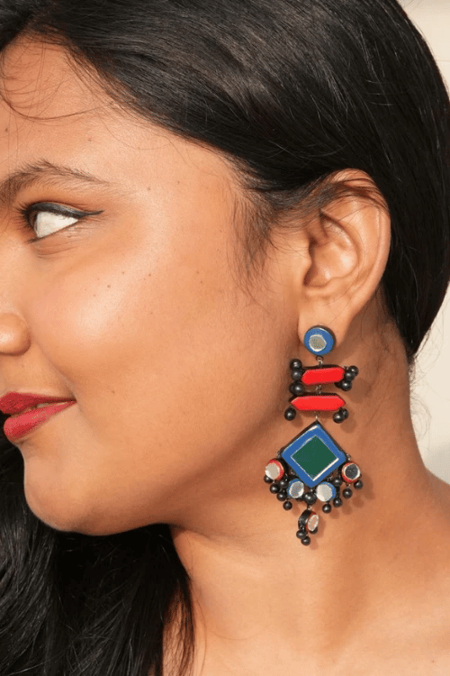 Mridah Red And Blue 'Raas' Mirror Terracotta Necklace Set With Maangtika