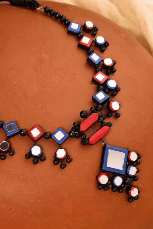 Mridah Red And Blue 'Raas' Mirror Terracotta Necklace Set With Maangtika