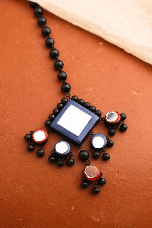 Mridah Red And Blue 'Raas' Mirror Terracotta Necklace Set With Maangtika