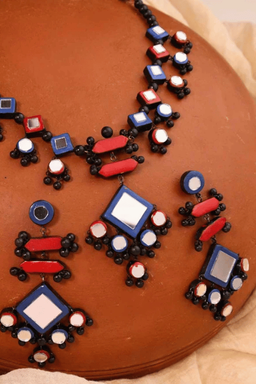 Mridah 'Raas' Handmade Mirror Work Terracotta Red And Blue Necklace Set Without Maangtika