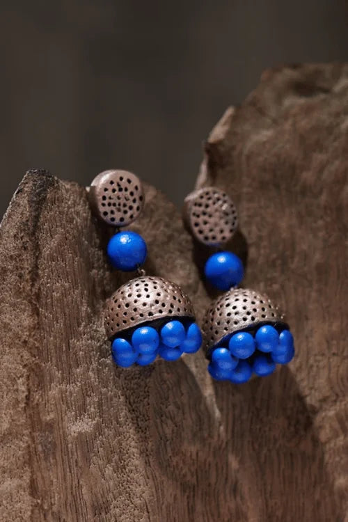 Mridah 'Boho Pop' Handcrafted Terracotta Blue & Silver Jhumka Earring