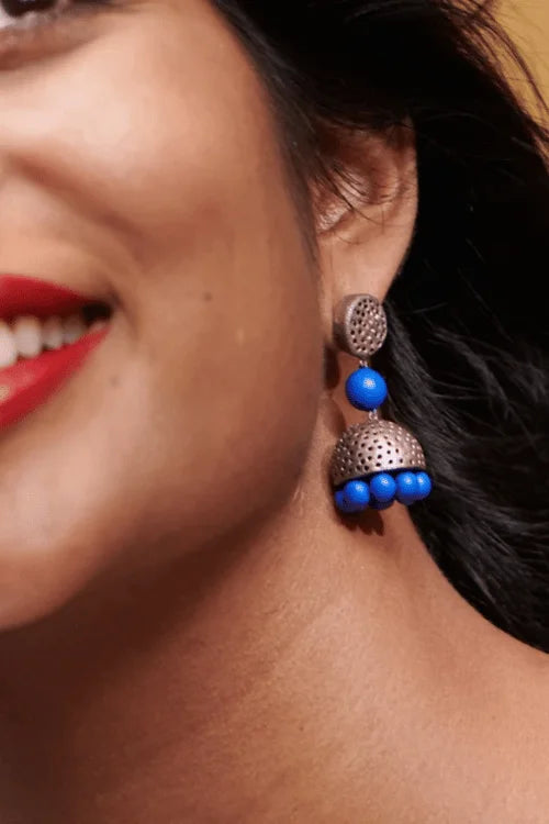 Mridah 'Boho Pop' Handcrafted Terracotta Blue & Silver Jhumka Earring