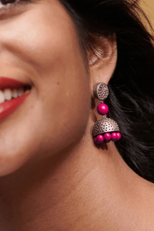 Mridah 'Boho Pop' Handcrafted Terracotta Pink & Silver Jhumka Earring